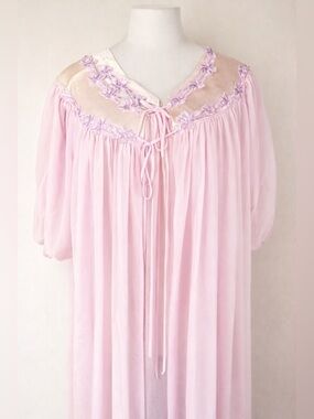 Vintage 70s Pink Chiffon Peignoir Set Lace Sheer Nightgown Robe